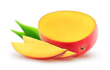 Isolated sliced mango. Half of mango fruit and slices isolated on white background with clipping...