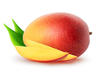 Isolated mango fruits. Whole mango fruit and slices with leaves isolated on white background, with...