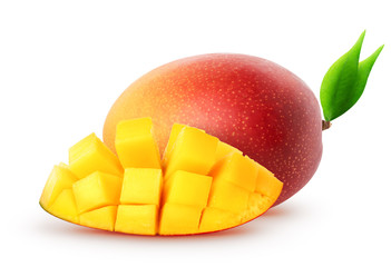 Isolated mango fruits. Whole mango fruit and cubes with leaves isolated on white background with...