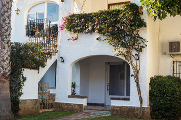Beautiful exterior of newly built luxury home. Yard with green grass and walkway