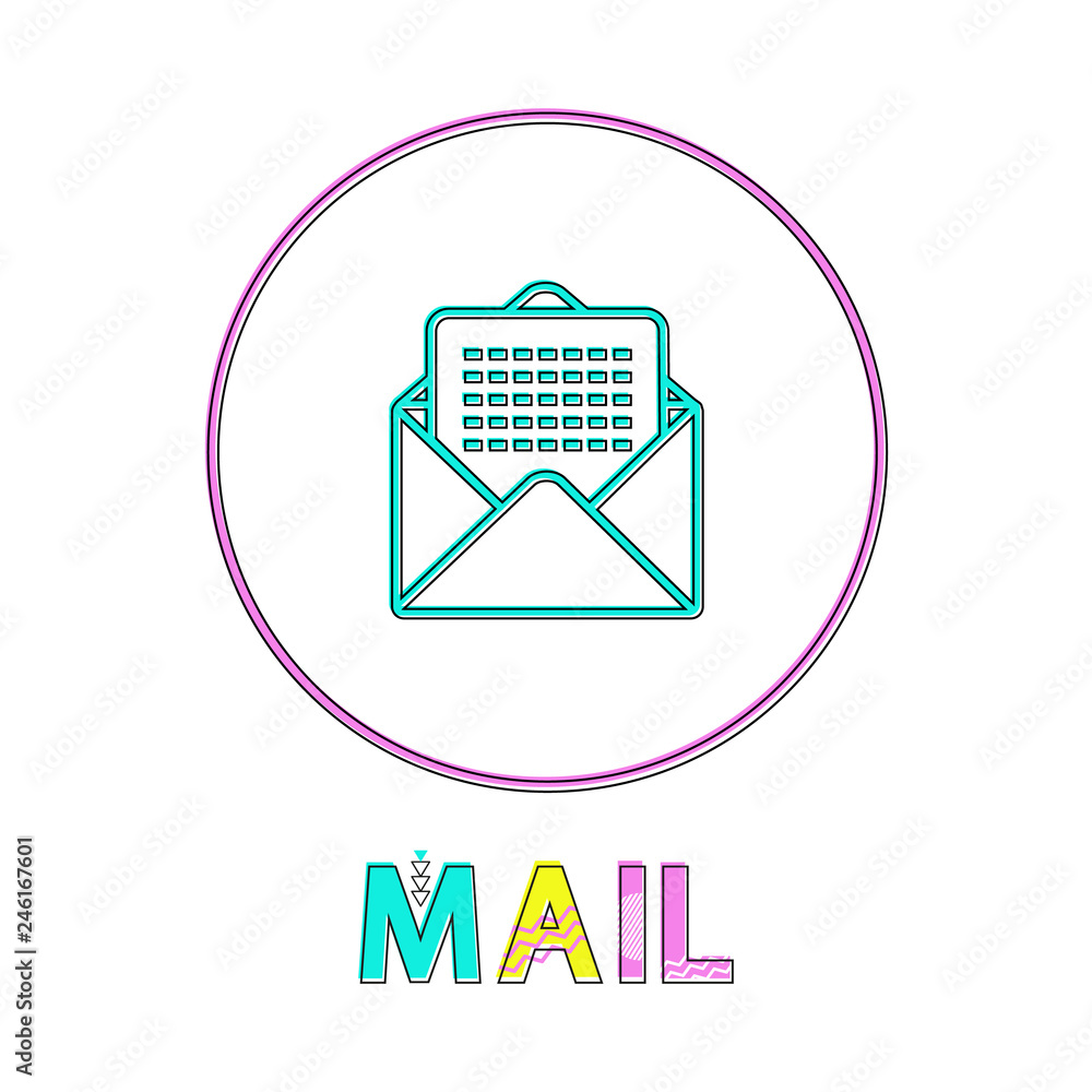 Poster mail round bright linear icon with envelope symbol. messages received by internet button outline tem