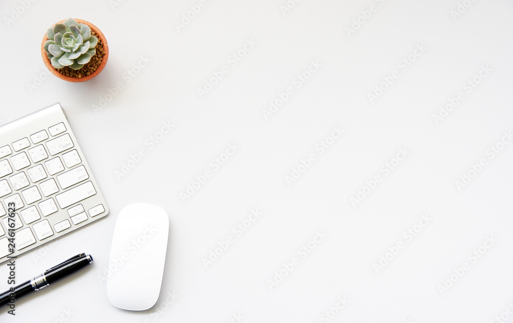 Poster working with keyboard and succulent copy space on white table background.top view,flat lay,style min