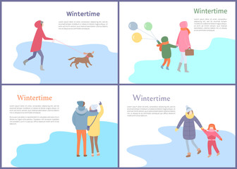 Wintertime couple walking in winter season set vector. Mother and child holding balloons, person with canine on leash, people spending time outdoors