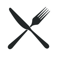 Knife and fork icon in flat design. Sign knife crossed with fork. Isolated black symbols on white background. Simple silhouette cutlery. Vector illustration