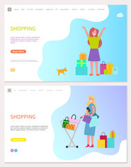 Smiling and walking girl with purchases. Woman with dog holding packages and lady with riding trolleys full of goods. Illustration of doing shopping vector