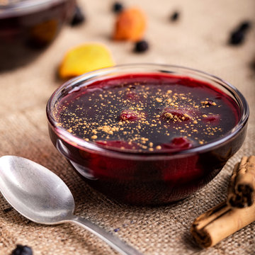 Mazamorra morada, delicious peruvian dessert jam with dried fruits and cinnamon