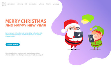 Merry Christmas and happy New Year, Santa Claus and Elf getting messages from children with wishes. Cartoon character Father frost and dwarf little helper, vector