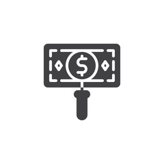 Money search vector icon. filled flat sign for mobile concept and web design. Magnifier dollar sign simple solid icon. Symbol, logo illustration. Pixel perfect vector graphics