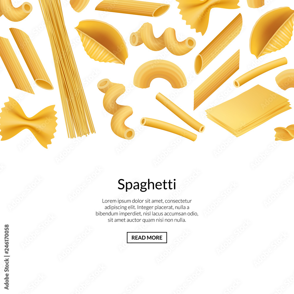 Poster vector realistic pasta types banner background illustration. web page with place for text