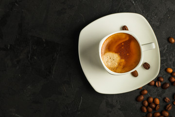coffee, serving  beverage in a white cup (coffee grain). food. top.copy space