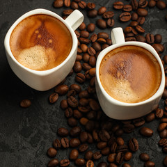 coffee, serving  beverage in a white cup (coffee grain). food. top.copy space