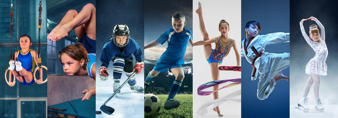 Attack. Sport collage about teen or child athletes or players. The soccer football, ice hockey,...