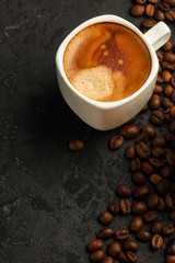 coffee, serving  beverage in a white cup (coffee grain). food. top.copy space
