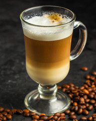 coffee, serving  beverage in a white cup (coffee grain). food. top.copy space