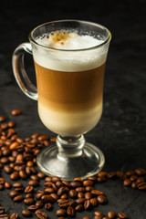 coffee, serving  beverage in a white cup (coffee grain). food. top.copy space