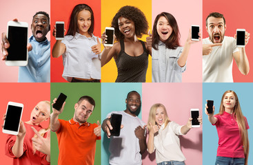 The collage about surprised, smiling, happy, astonished women and men showing empty blank screen of...