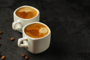 coffee, serving  beverage in a white cup (coffee grain). food. top.copy space