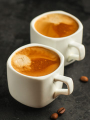 coffee, serving  beverage in a white cup (coffee grain). food. top.copy space