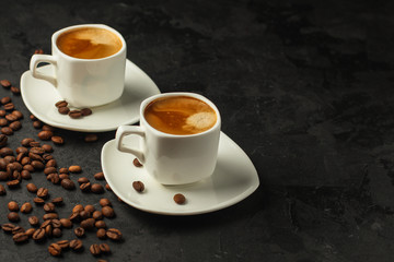 coffee, serving  beverage in a white cup (coffee grain). food. top.copy space