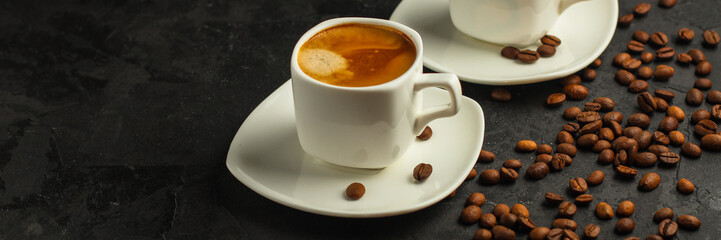 coffee, serving  beverage in a white cup (coffee grain). food. top.copy space
