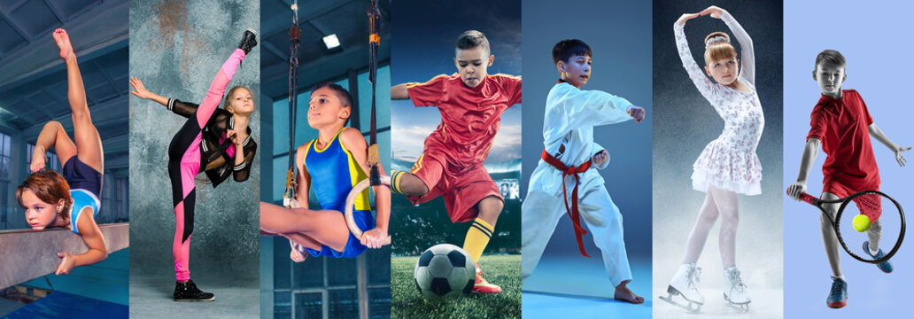 Sport collage about teen or child athletes or players. The soccer football, figure skating, tennis, karate martial arts, rhythmic gymnastics. Little boys and girls in action or motion
