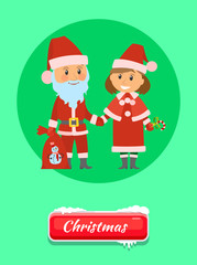 Christmas push button in snow, Santa Claus and Maiden in red holiday costumes. Mother and father changed to greet children. Sack with snowman, vector