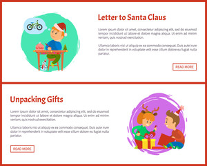 Letter to Santa Claus and Unpacking gifts web posters. Christmas holidays, children opening presents vector. Web pages boy writing mail, kids and boxes
