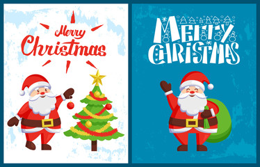 Merry Christmas inscription, Santa decorating Xmas tree with balls and garlands. Vector Saint Nicholas send greetings with bag full of presents, cartoon character