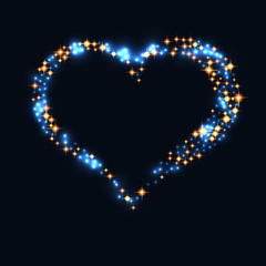 Abstract design - blue glitter particles in heart shape. Glowing sparkling particles on dark background.