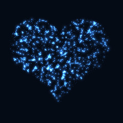 Abstract design - blue glitter particles in heart shape. Glowing sparkling particles on dark background.