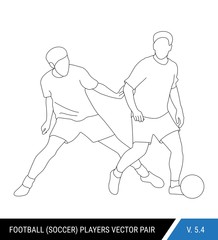 The soccer players fighting for the ball. Outline silhouettes, vector illustration. Football players in action. One player tries to take the ball from another.