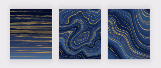 Set liquid marble texture. Blue and golden glitter ink painting abstract pattern. Trendy backgrounds for wallpaper, flyer, poster, card, invitations. Modern art.