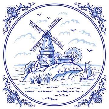 Fototapeta Landscape with a windmill and a boat in blue colors in a patterned frame, Delft style decor, Gzhel painting, Chinese porcelain, vector illustration, decor for various designs.