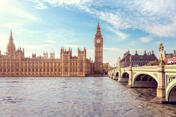 Fototapeta na wymiar Big Ben, the Houses of Parliament and Westminster Bridge in London