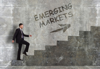Business, technology, internet and networking concept. A young entrepreneur goes up the career ladder: Emerging markets
