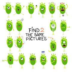 Funny little aliens illustration. Find two same pictures. Educational matching game for children. Cartoon illustration