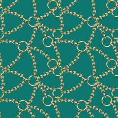 Seamless abstract pattern with gold chains on turquoise background.