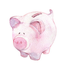 Piggy bank isolated on white background, watercolor illustration