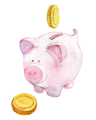 Piggy bank with coins isolated on white background, watercolor illustration