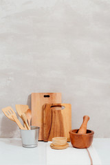 Kitchen utensils background with a blank space for a text, home kitchen decor concept, front view