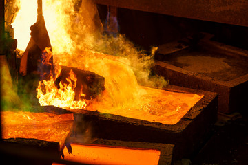 Molten metal is poured into large rectangular molds for casting. When melting the evaporation of...