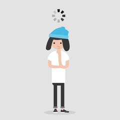 Young pensive character with a loading bar above her head.flat cartoon design