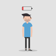 young exhausted character with low battery icon above.flat cartoon design