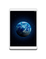 White tablet computer with a screen saver image of the Earth. On a white background. Elements of this image furnished by NASA