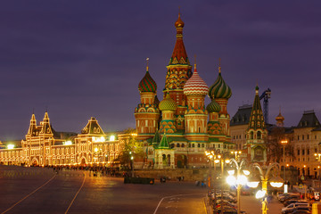 St. Basils Cathedral on Red Square in Moscow with night illumination