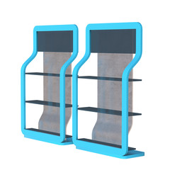 Showcase Displays Retail Shelves Stand. Trade show booth. 3d render illustration isolated on white background. Template mockup for your design.