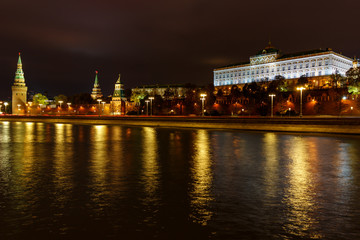 Fototapeta na wymiar Night panorama of Moscow Kremlin and Moskva river with illumination. Moscow historical center landscape