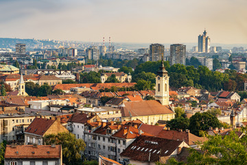 View of Belgrade and Zemun in Serbia from Gardos Tower, panorama of the Danube River with Veliko Ratno Ostrvo in the background in summer