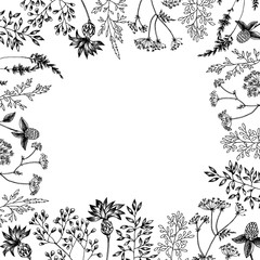 Spring herbal flowers with different plants of vintage garden and forest. Vector design. Can use for greeting cards, wedding invitations, patterns for eco product, cosmetics.. Spring flowers around of