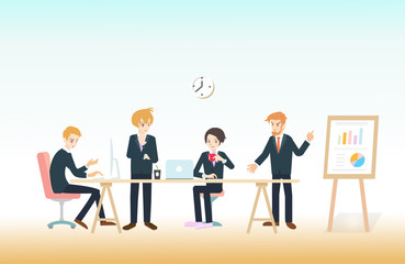 Stock vector of young businessman working with team on creative idea project for analyzing company financial strategy. Concept picture for office ,discuss and business brainstorm project plan.